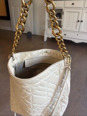 Monica Bini Quilted Leather Shoulder Bag with Gold Chain - Cream ,  Italy